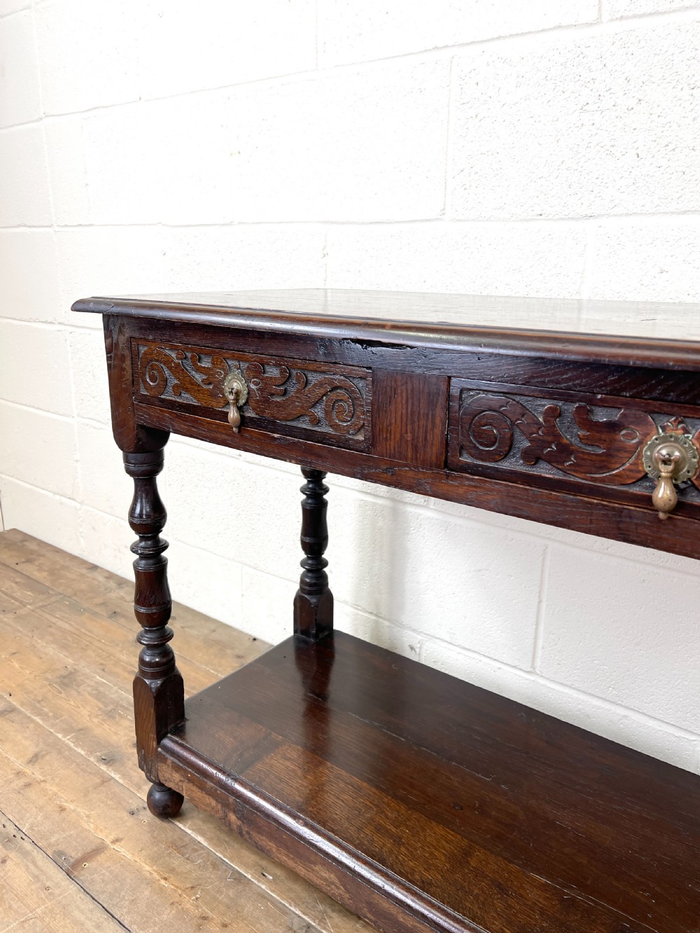 Victorian Carved Oak Two Drawer Side Table View IV