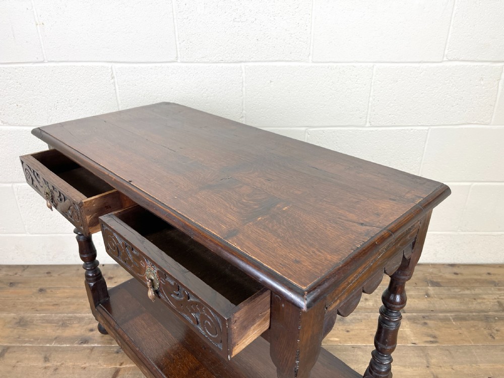 Victorian Carved Oak Two Drawer Side Table View VII