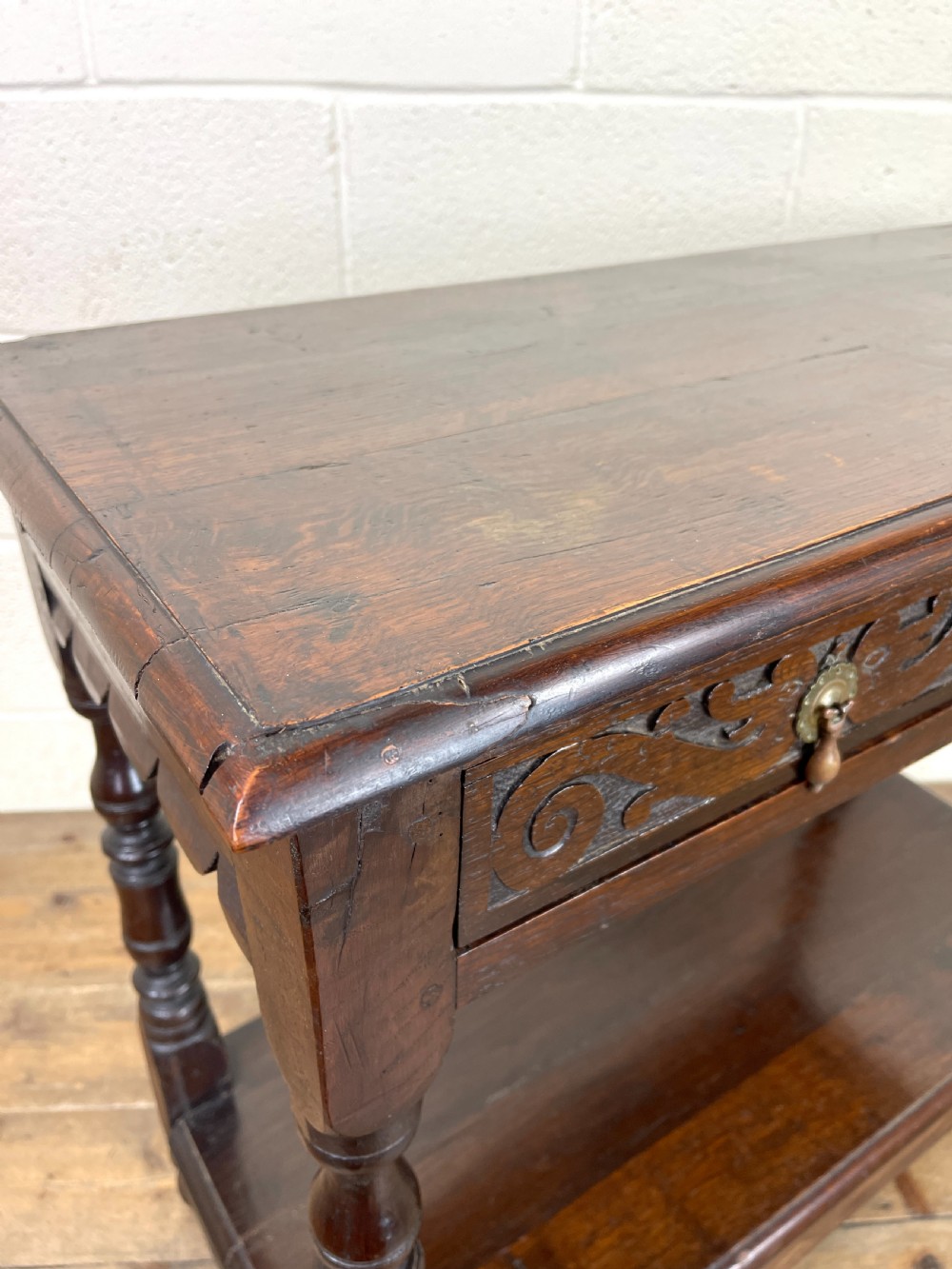 Victorian Carved Oak Two Drawer Side Table View X