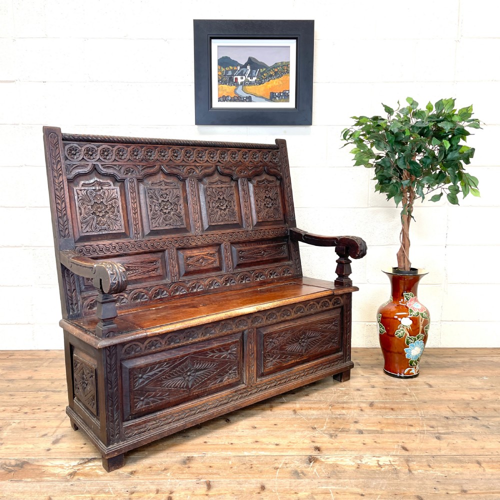 Antique 19th Century Carved Oak Settle View II