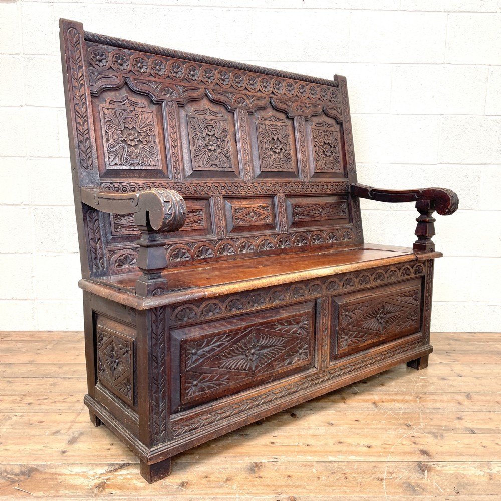 Antique 19th Century Carved Oak Settle