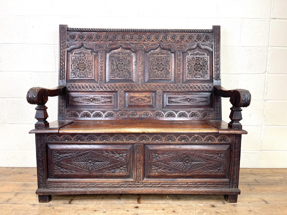 Antique 19th Century Carved Oak Settle View III
