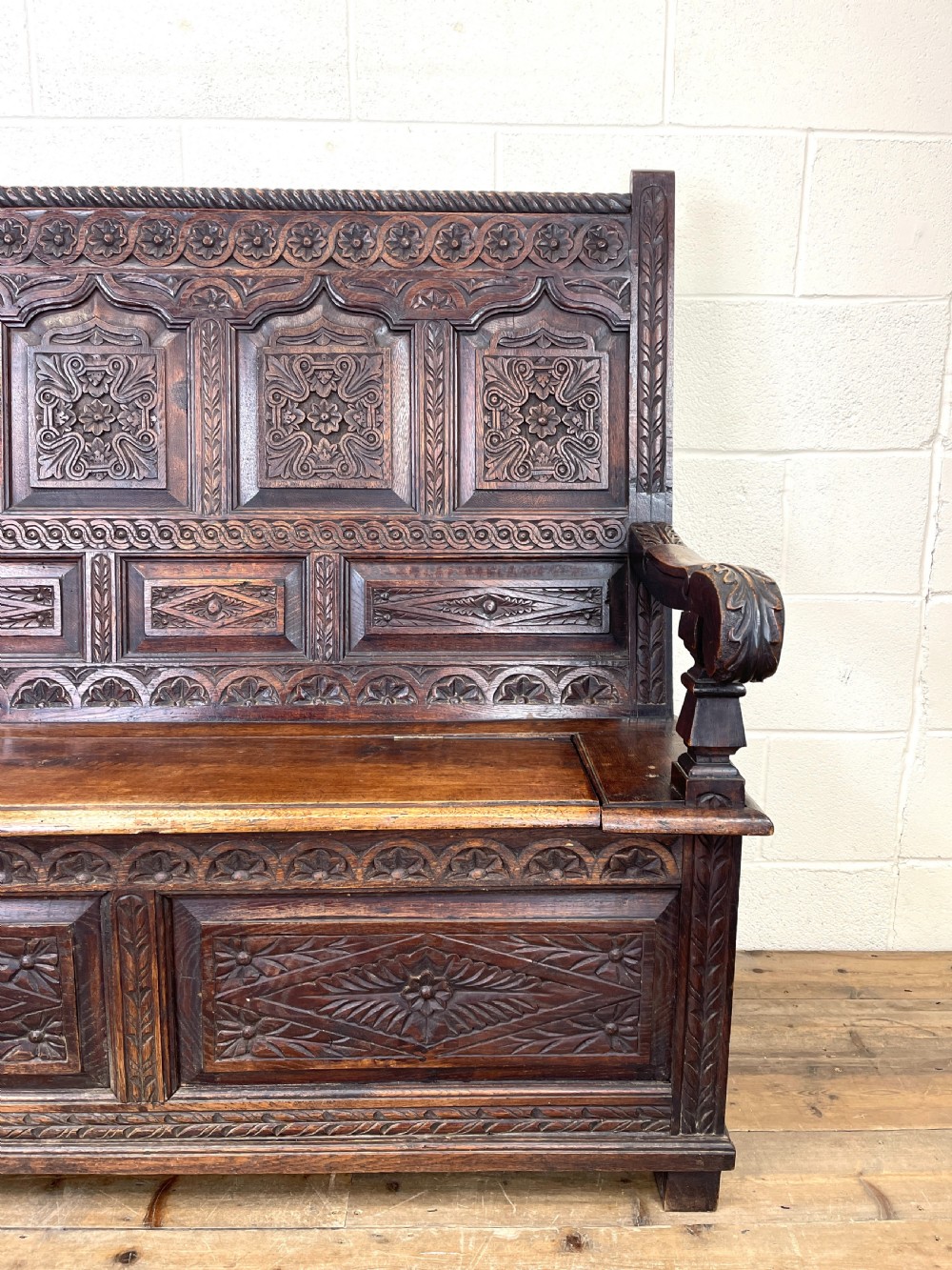 Antique 19th Century Carved Oak Settle View IV