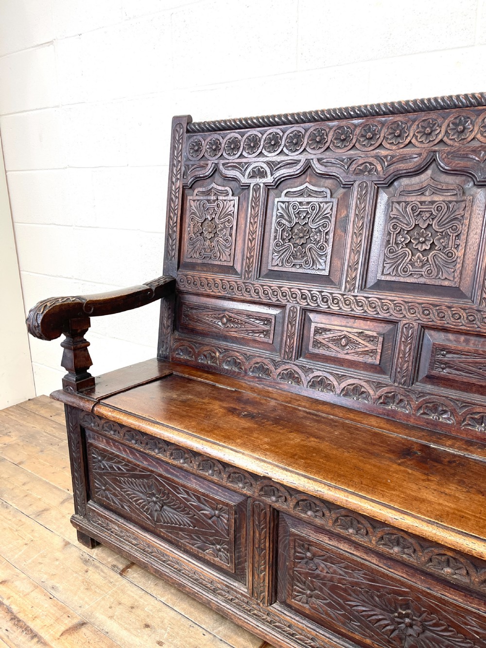 Antique 19th Century Carved Oak Settle View V