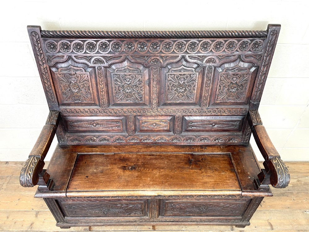 Antique 19th Century Carved Oak Settle View VI
