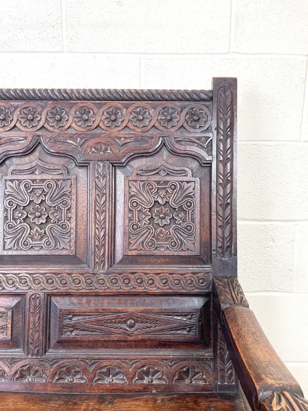 Antique 19th Century Carved Oak Settle View VII