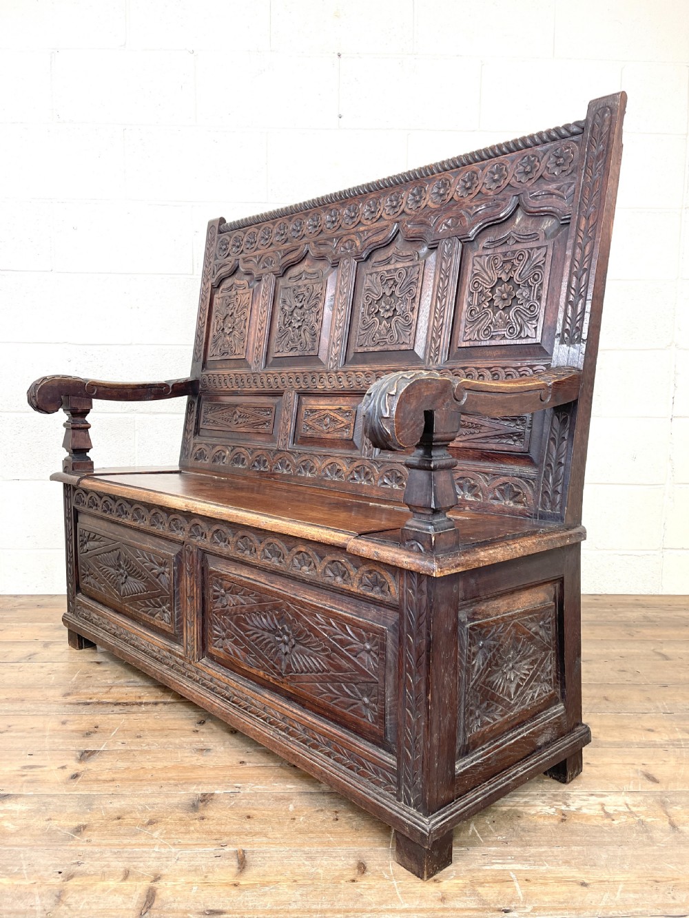 Antique 19th Century Carved Oak Settle View VIII