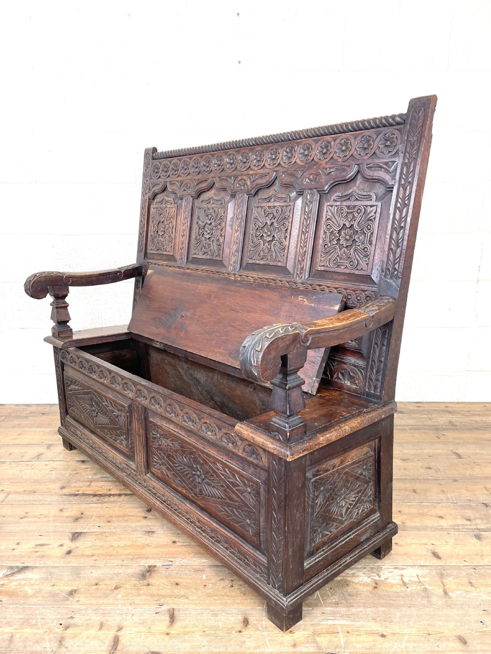Antique 19th Century Carved Oak Settle View IX