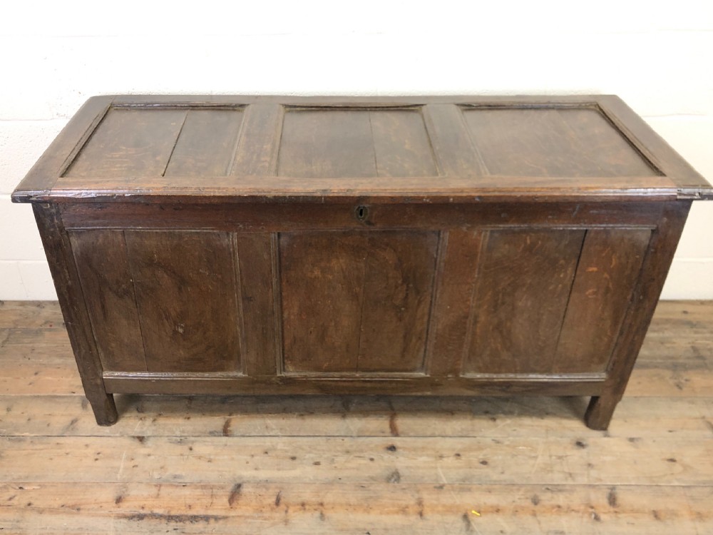 Antique 18th Century Oak Coffer with Three Panel Front View XVIII