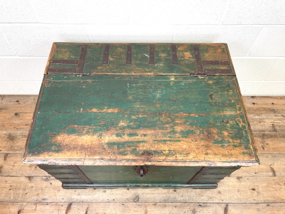 LARGE DISTRESSED PAINTED METAL BOUND TRUNK View II