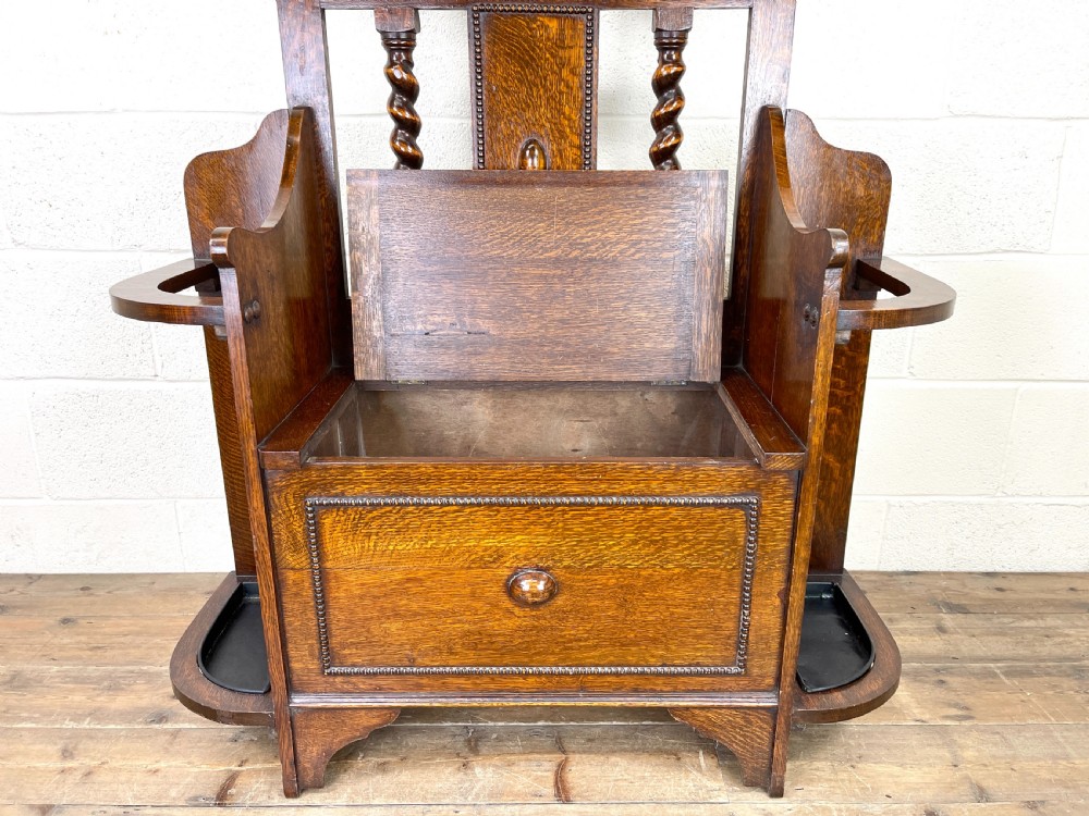 Antique Oak Hall Stand with Seat View V