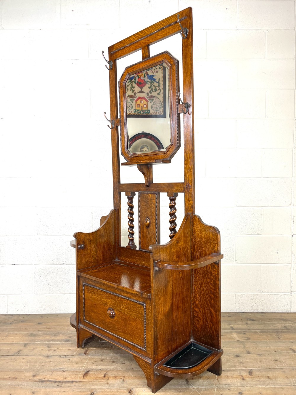 Antique Oak Hall Stand with Seat View IX