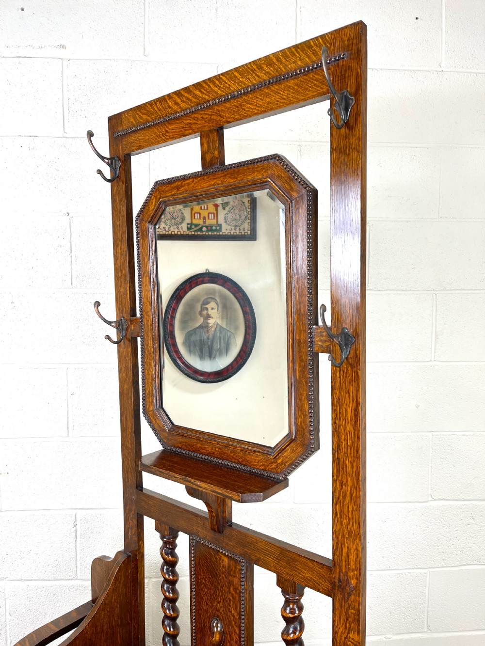 Antique Oak Hall Stand with Seat View XI