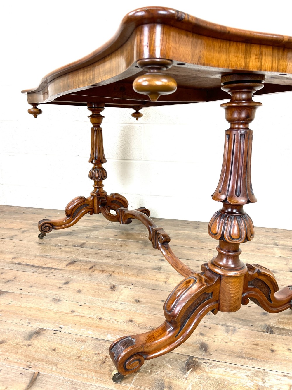 Antique Victorian Burr Walnut Stretcher Table View XII