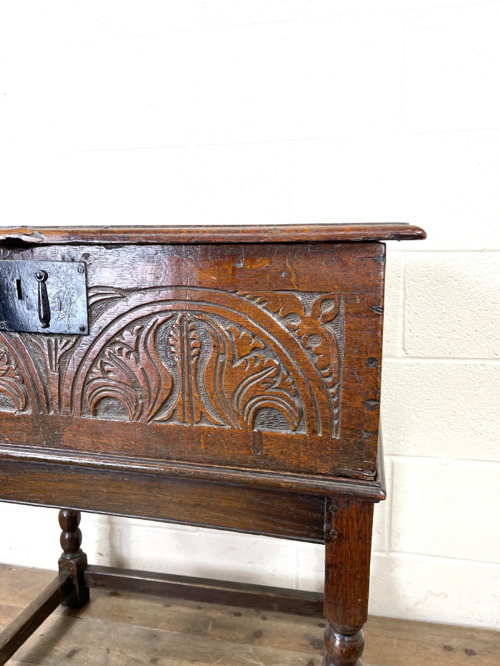 Antique Carved Oak Bible Box on Stand View II