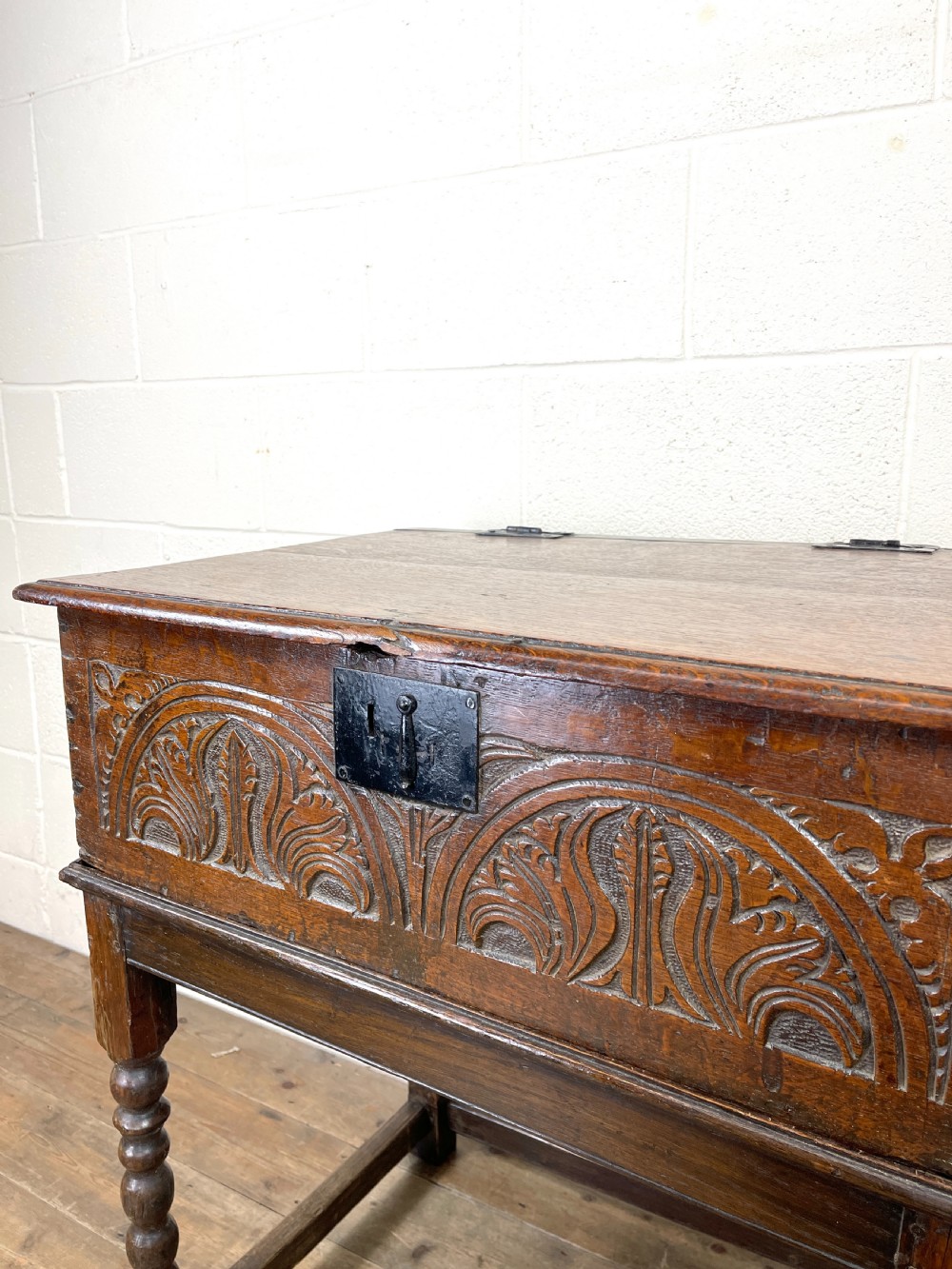 Antique Carved Oak Bible Box on Stand View III