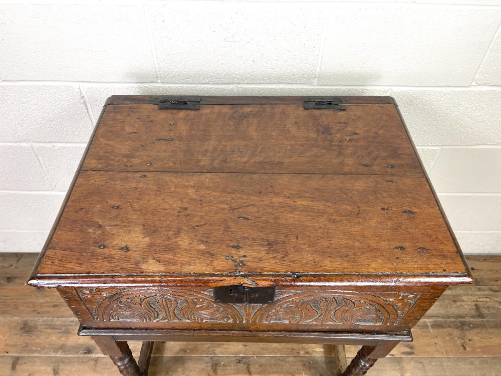 Antique Carved Oak Bible Box on Stand View V