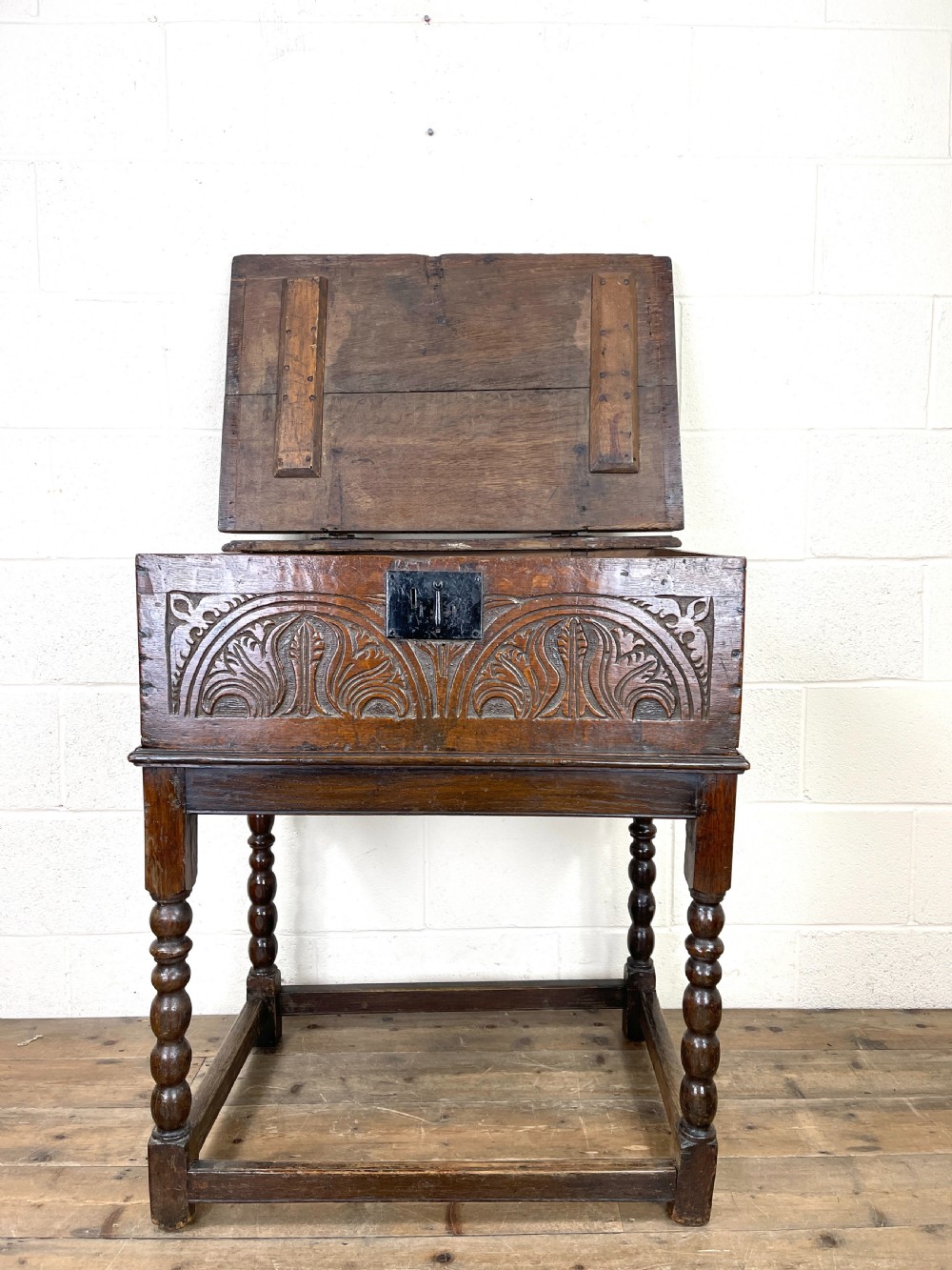 Antique Carved Oak Bible Box on Stand View VI