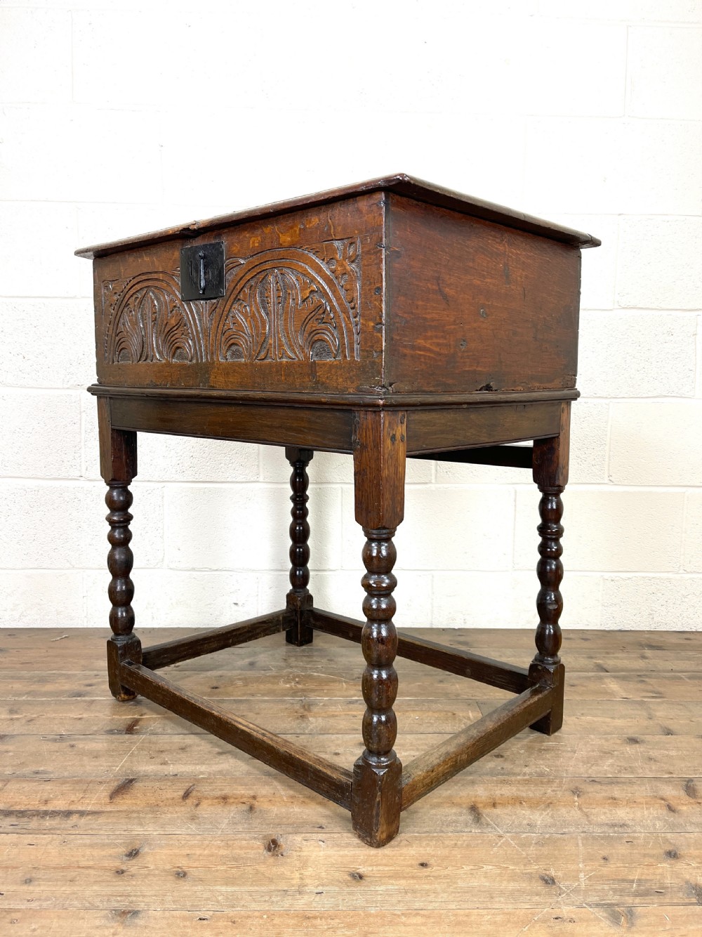 Antique Carved Oak Bible Box on Stand View IX