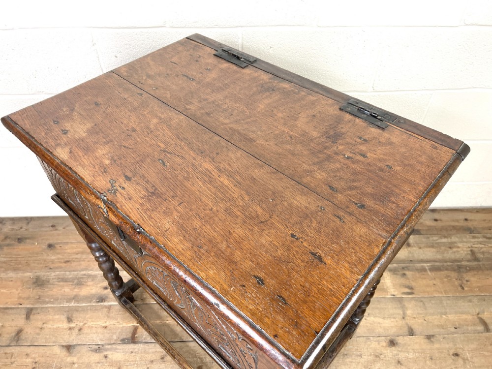 Antique Carved Oak Bible Box on Stand View X