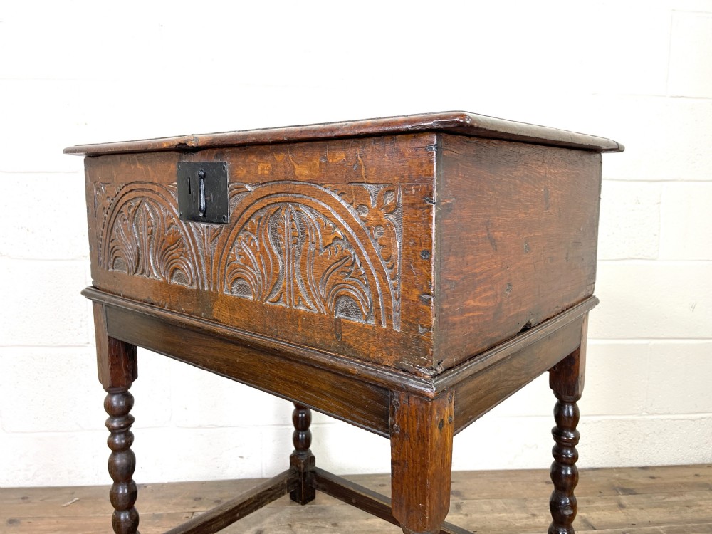 Antique Carved Oak Bible Box on Stand View XI