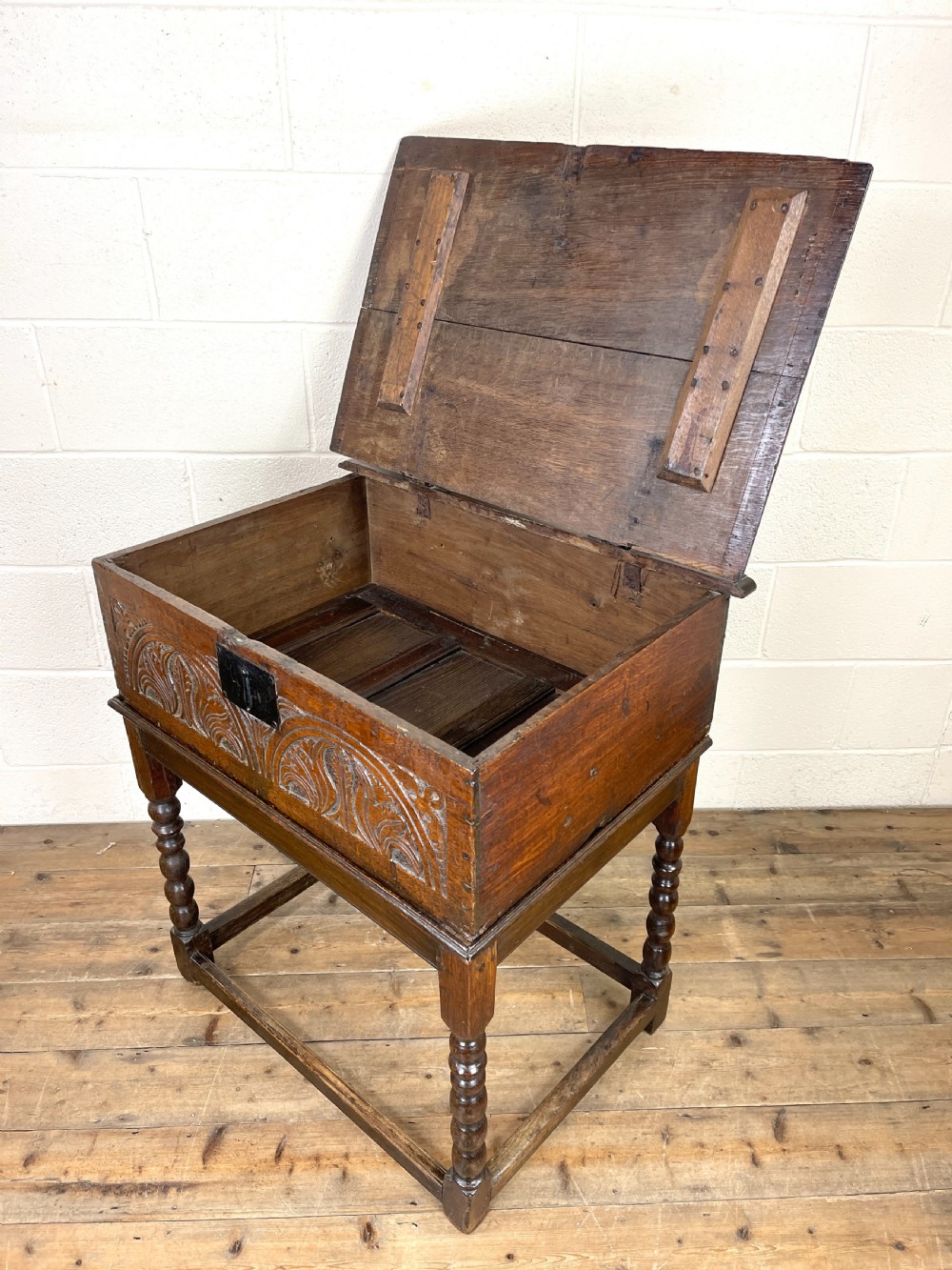 Antique Carved Oak Bible Box on Stand View XII