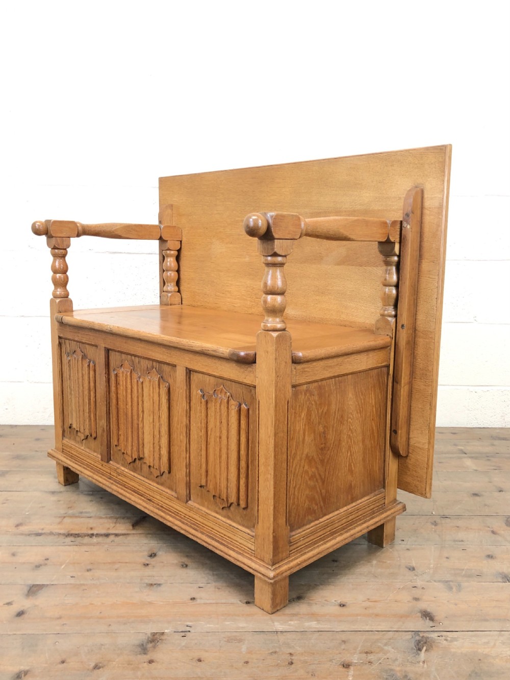 ANTIQUE PANELLED PALE OAK MONK’S BENCH View V