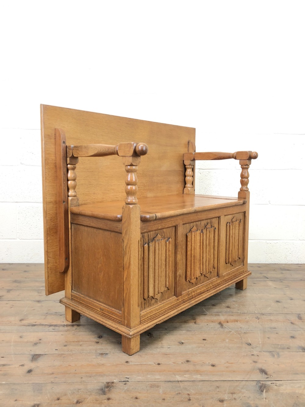 ANTIQUE PANELLED PALE OAK MONK’S BENCH View VI