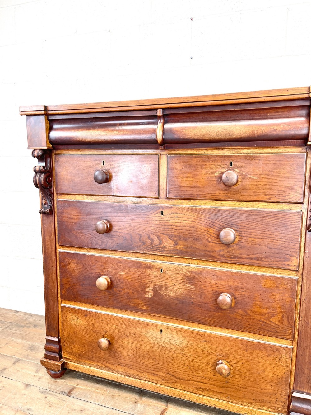 LARGE VICTORIAN OAK AND MAHOGANY CHEST OF DRAWERS View III