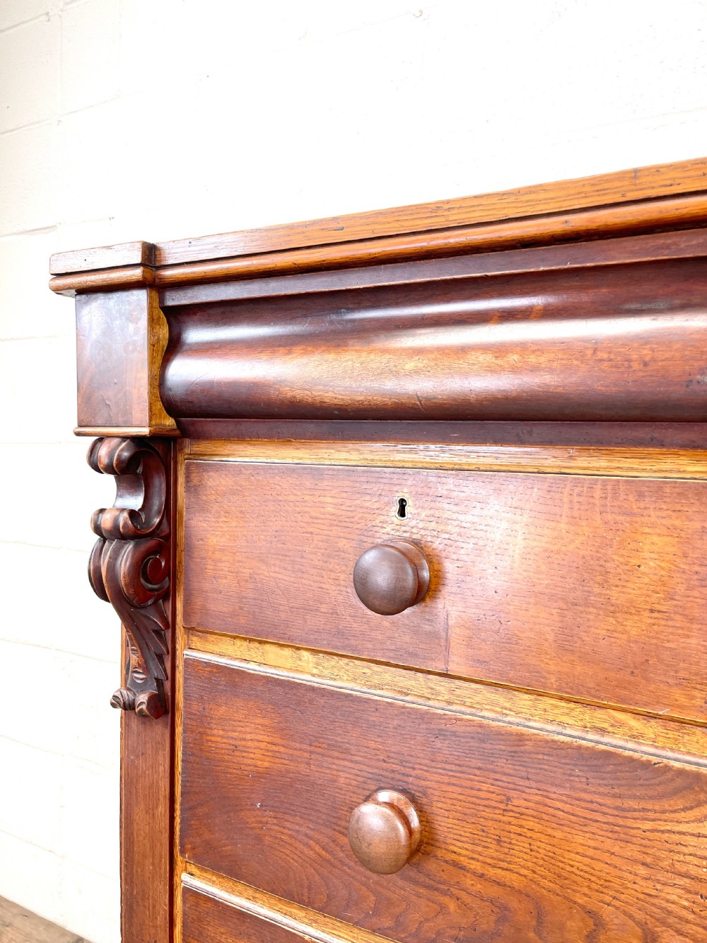 LARGE VICTORIAN OAK AND MAHOGANY CHEST OF DRAWERS View VII