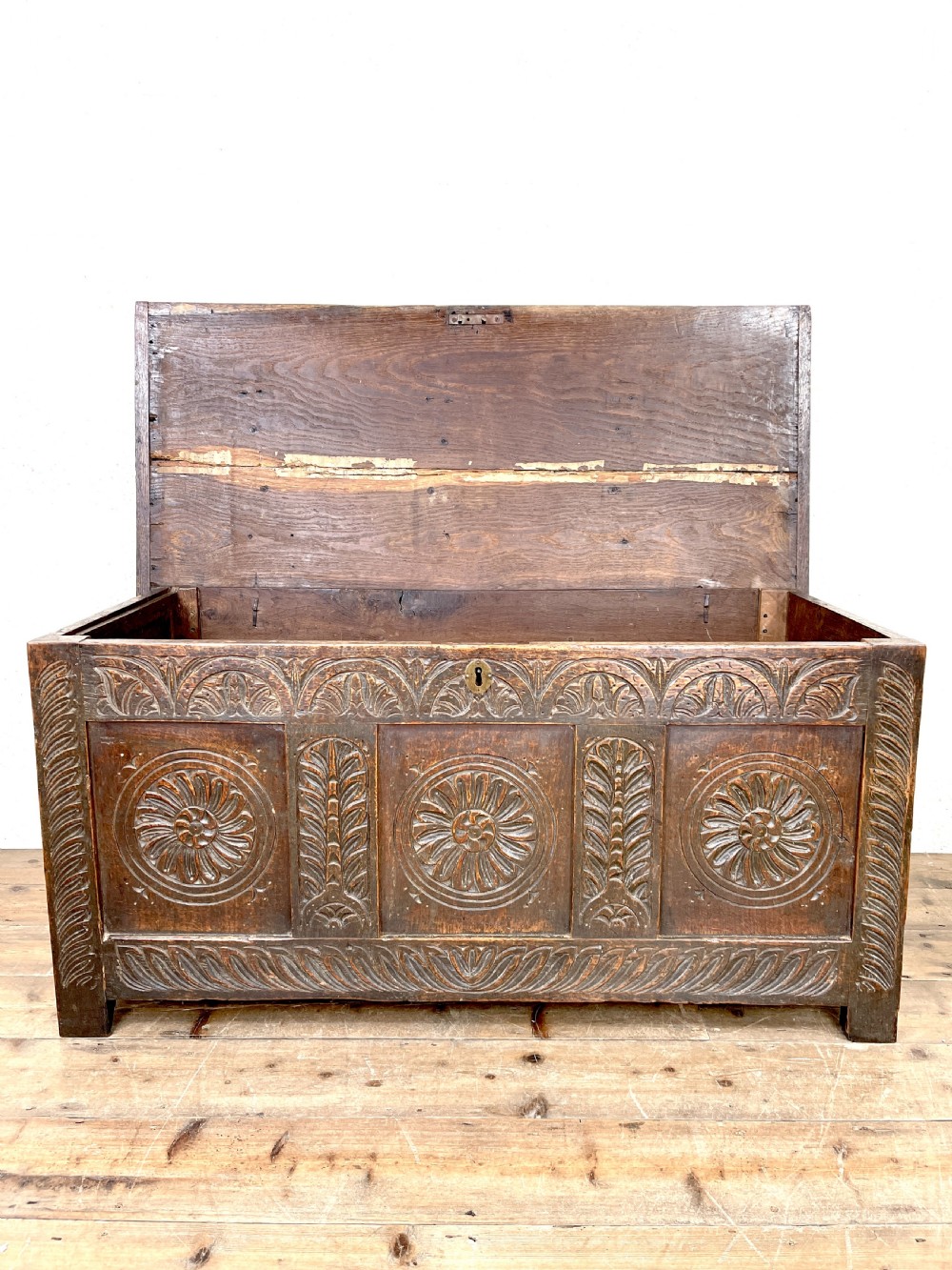 Antique 18th Century Carved Oak Blanket Box View X