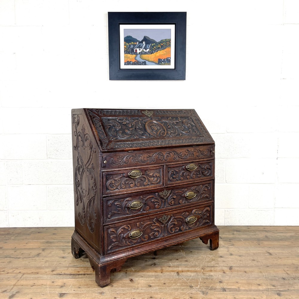 Antique 18th Century Carved Oak Bureau