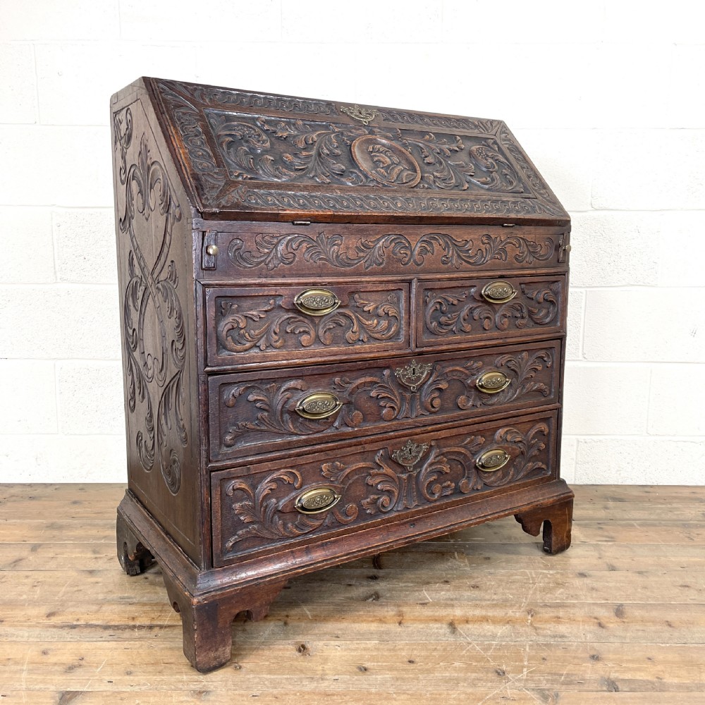 Antique 18th Century Carved Oak Bureau View II