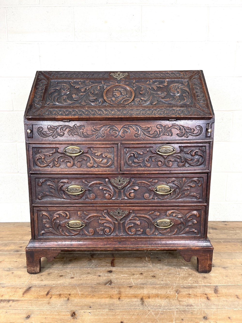 Antique 18th Century Carved Oak Bureau View III