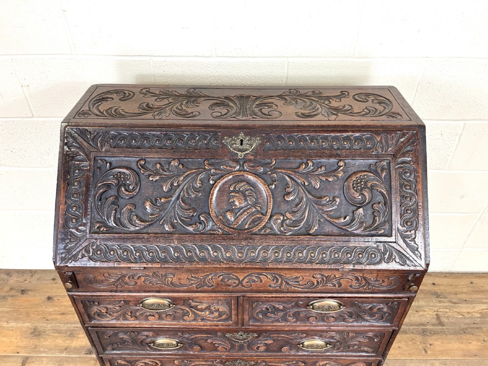 Antique 18th Century Carved Oak Bureau View IV