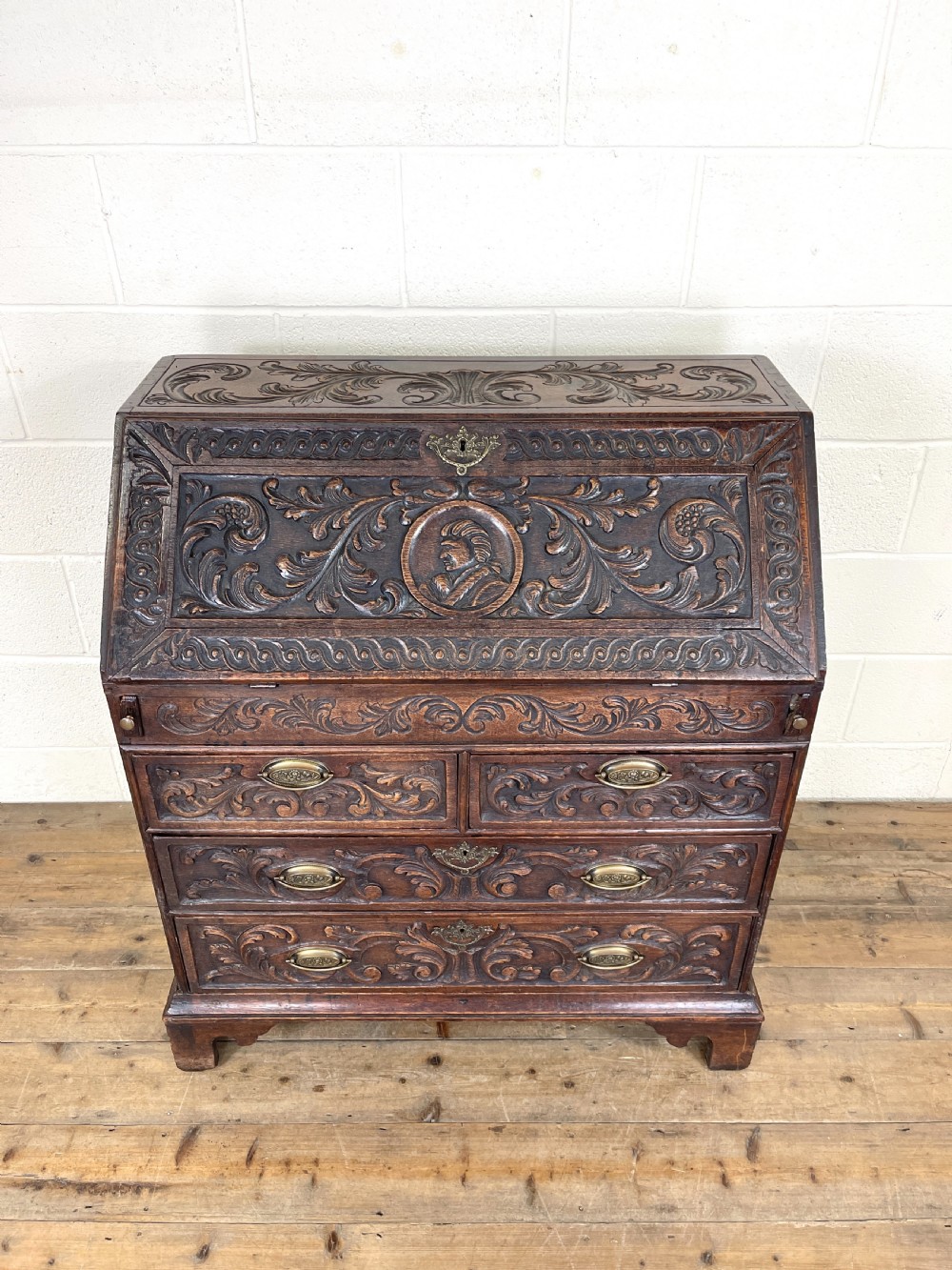 Antique 18th Century Carved Oak Bureau View V