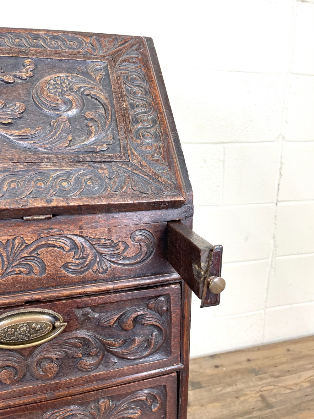Antique 18th Century Carved Oak Bureau View VI