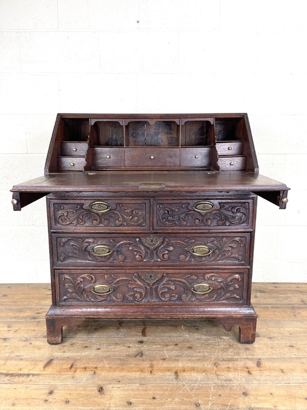 Antique 18th Century Carved Oak Bureau View VII