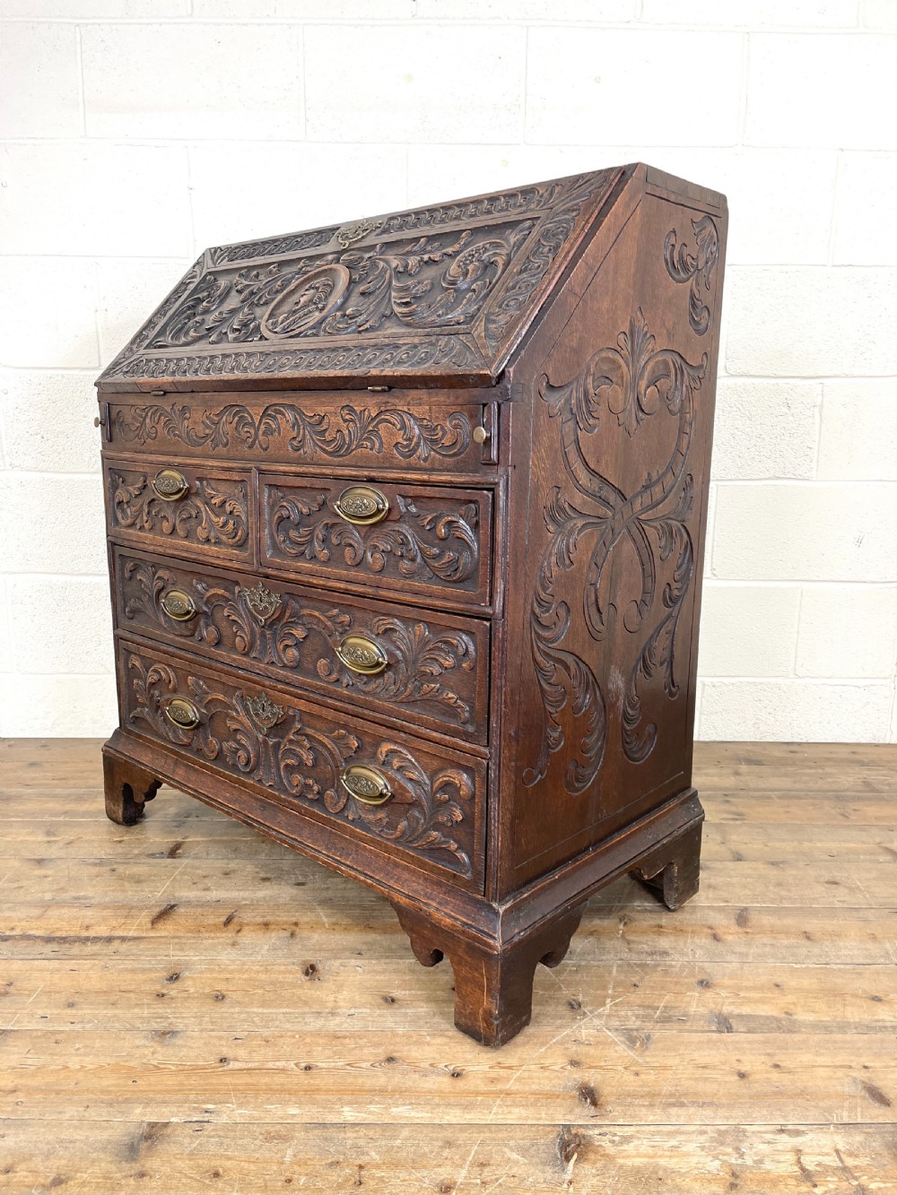 Antique 18th Century Carved Oak Bureau View IX