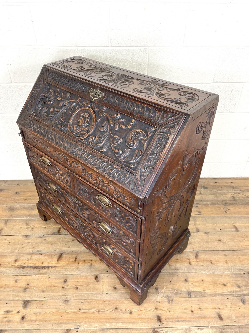 Antique 18th Century Carved Oak Bureau View X