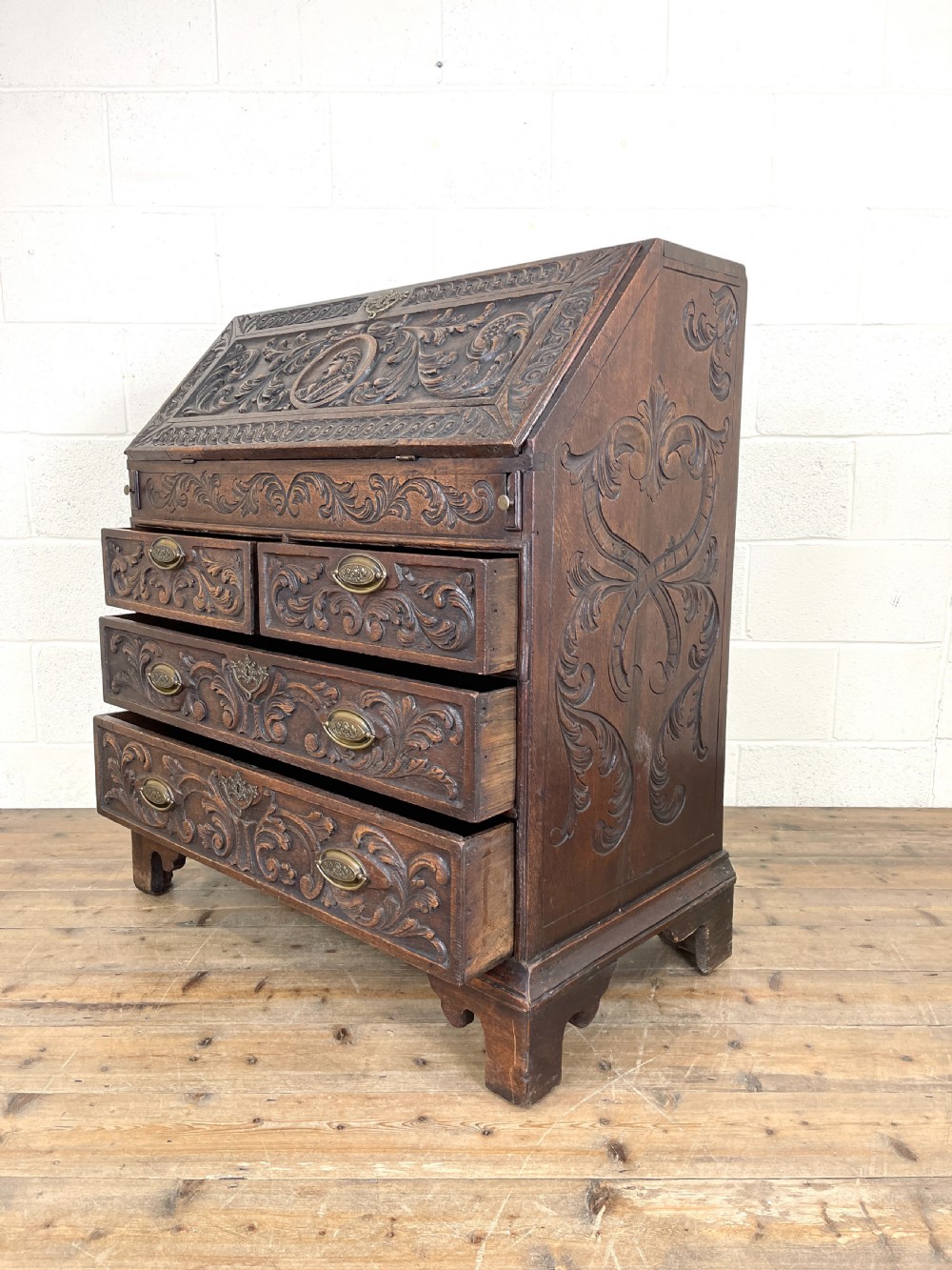 Antique 18th Century Carved Oak Bureau View XI
