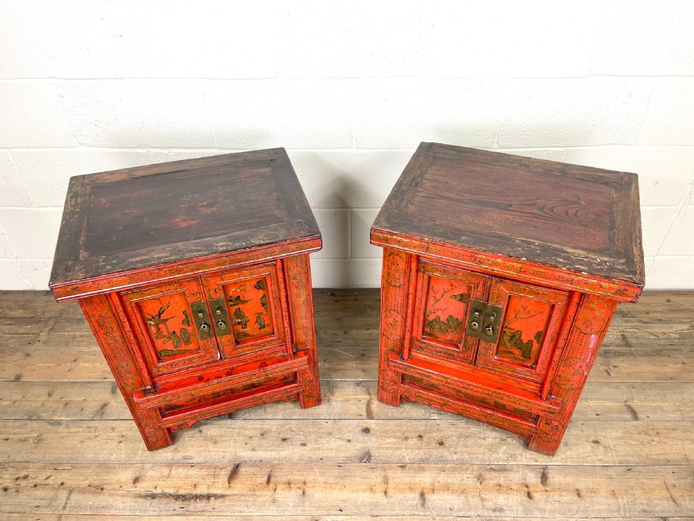 Pair of Red Lacquered Oriental Side Cupboards View II