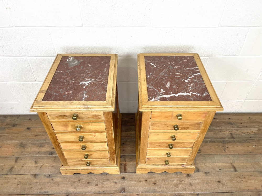 Pair of Antique Pine Bedside Chests with Marble Tops View III