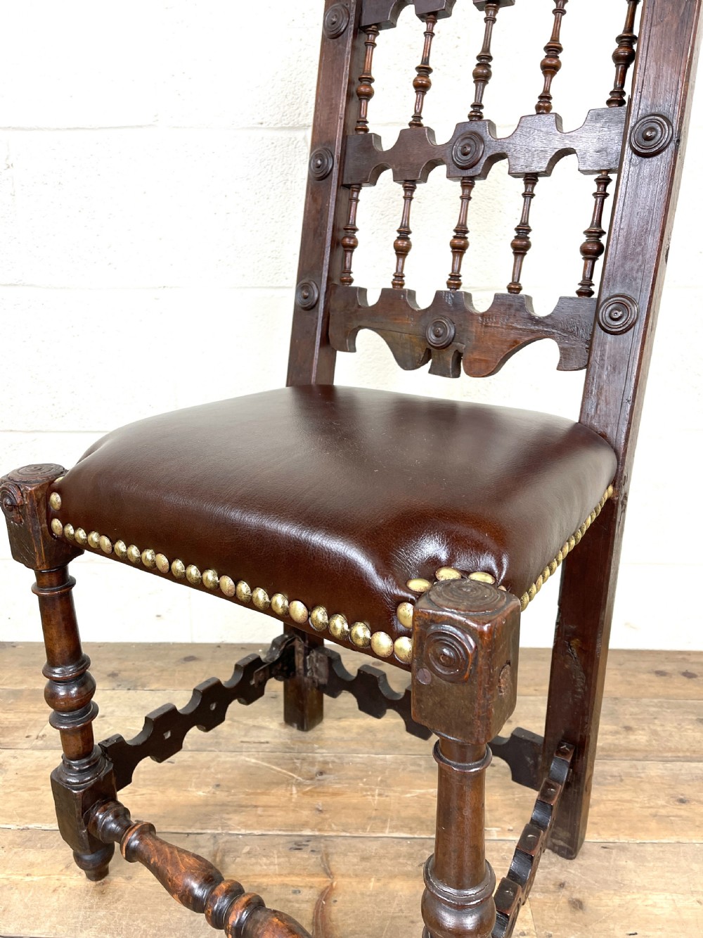 Antique Oak Chair with Leather Seat View IX