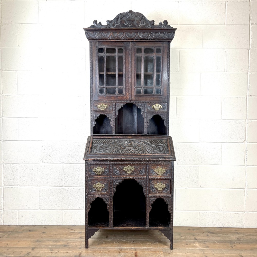 Antique Carved Oak Bureau Bookcase