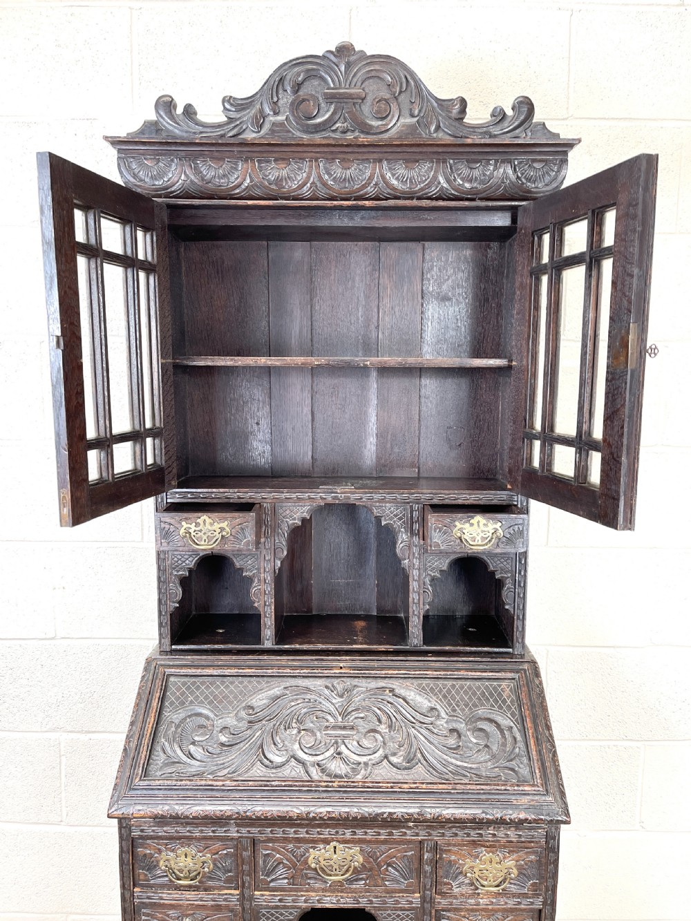Antique Carved Oak Bureau Bookcase View VII