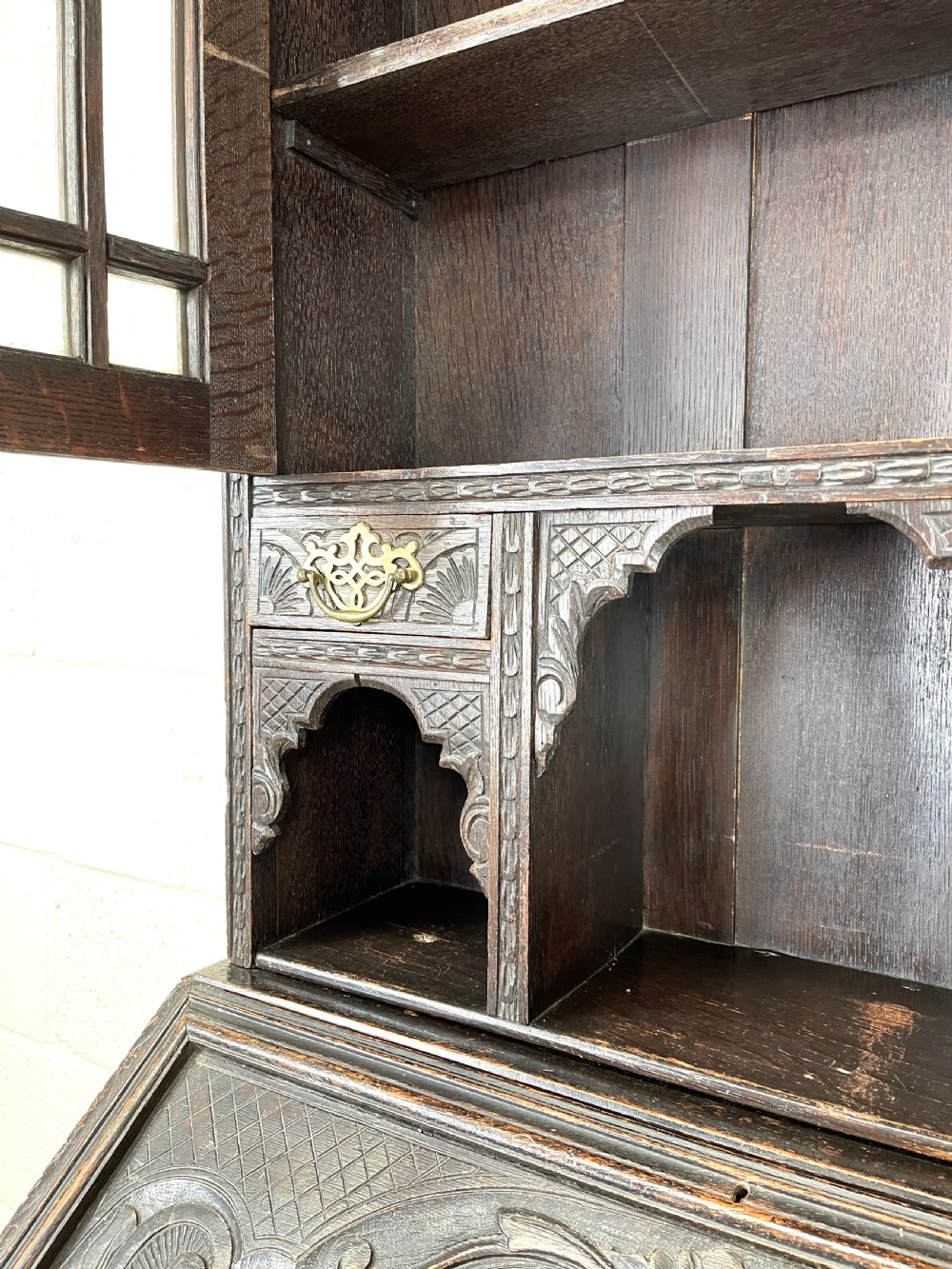 Antique Carved Oak Bureau Bookcase View IX