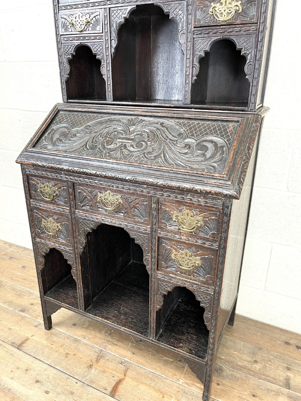 Antique Carved Oak Bureau Bookcase View XI