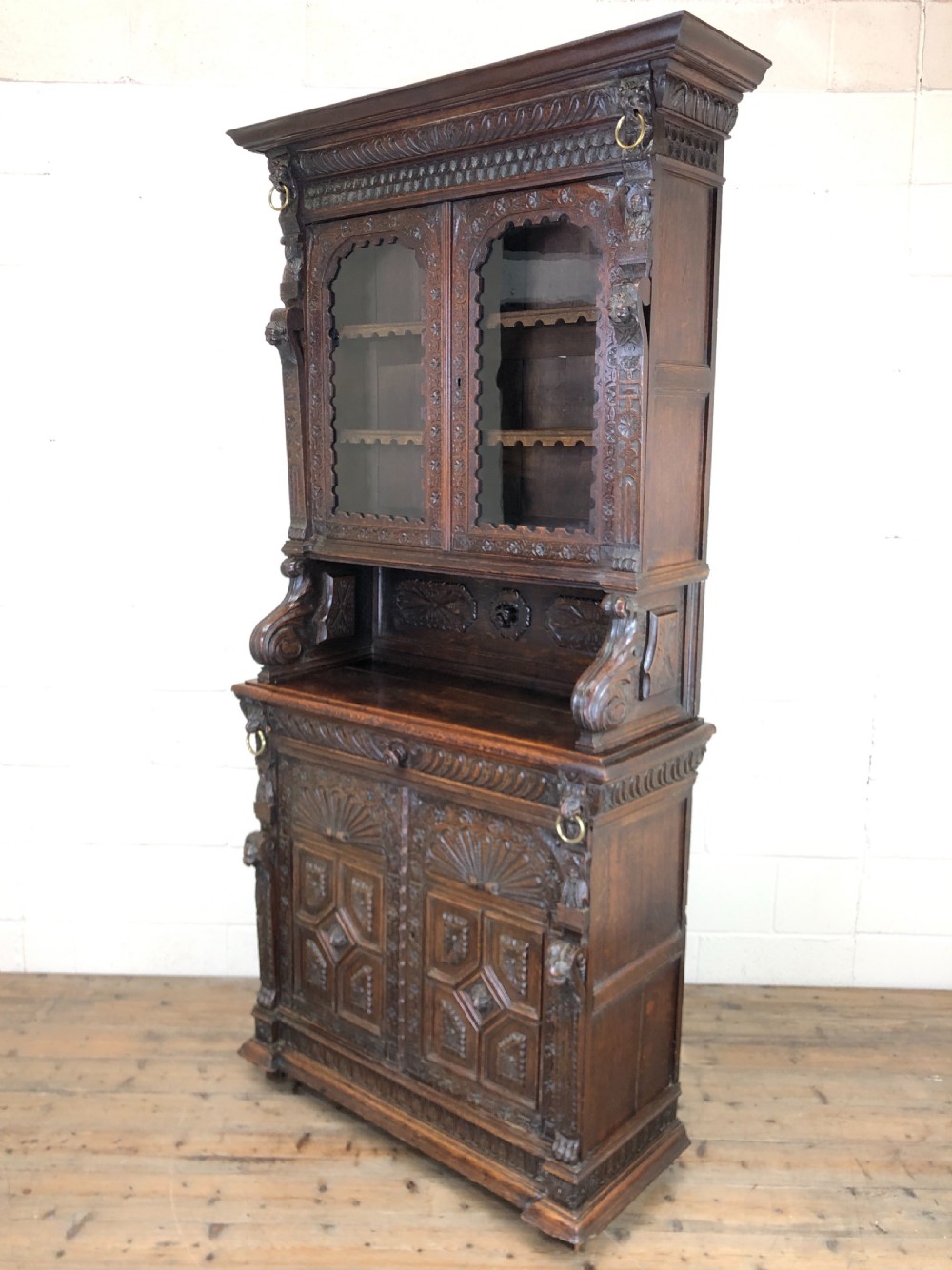 Antique Carved Oak Glazed Cabinet View X