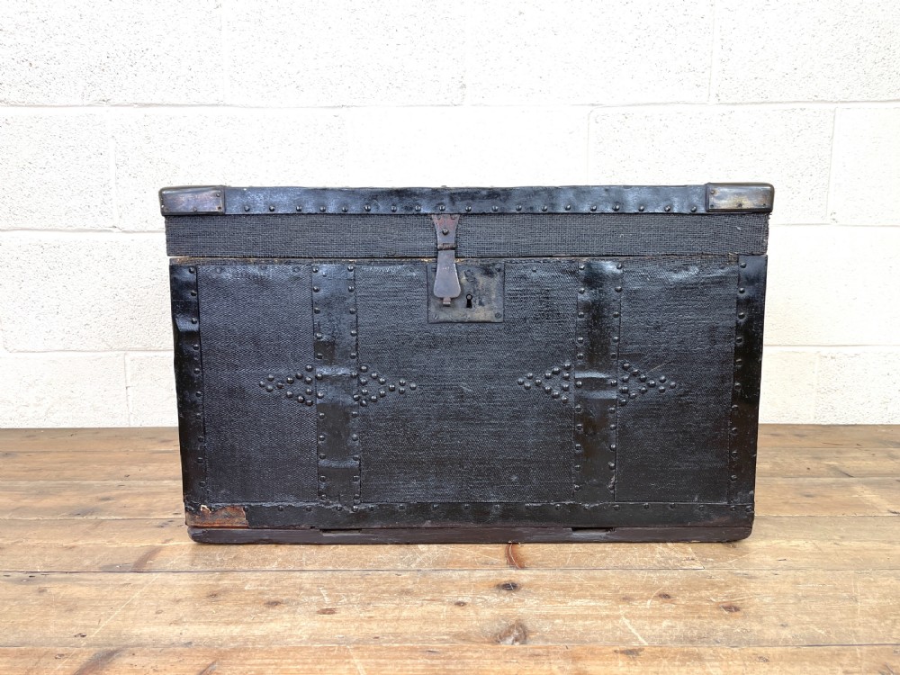 Antique 19th Century Canvas and Metal Bound Trunk
